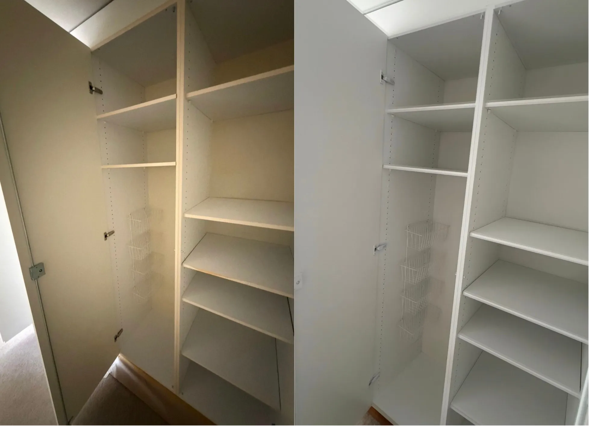 Einbauschrank mit Tablaren vor und nach dem Spritzlackieren: links vergilbt, rechts weiss.