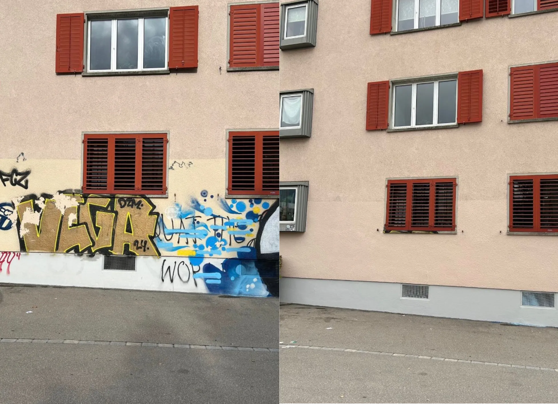 Fassade eines Wohnhauses vor und nach der Instandsetzung: links mit Graffiti besprayt, rechts wieder einheitlich im ursprünglichen Farbton.
