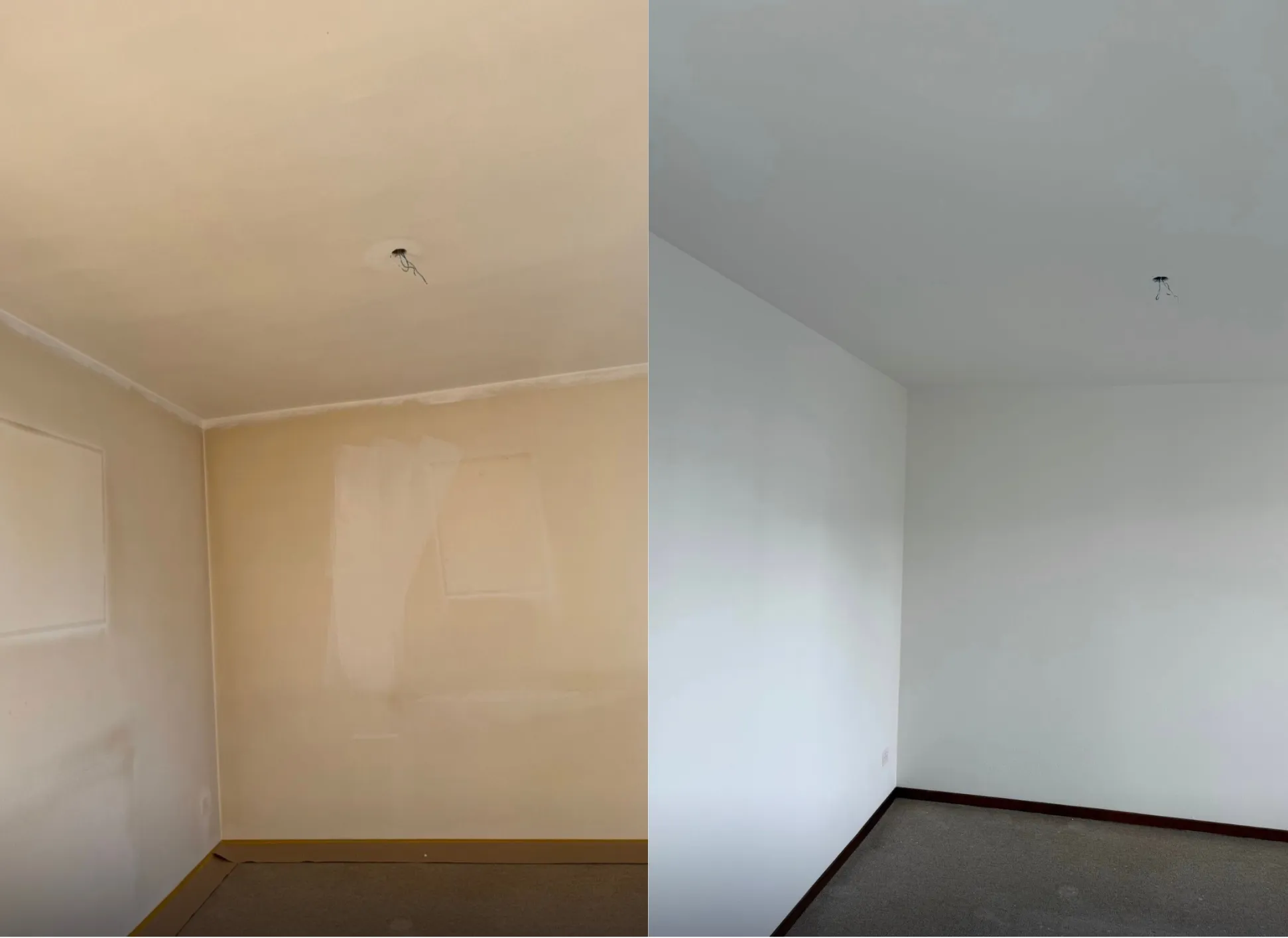 Zimmer vor und nach dem Innenanstrich: links vergilbte Wände, rechts frisch weiss gestrichen.