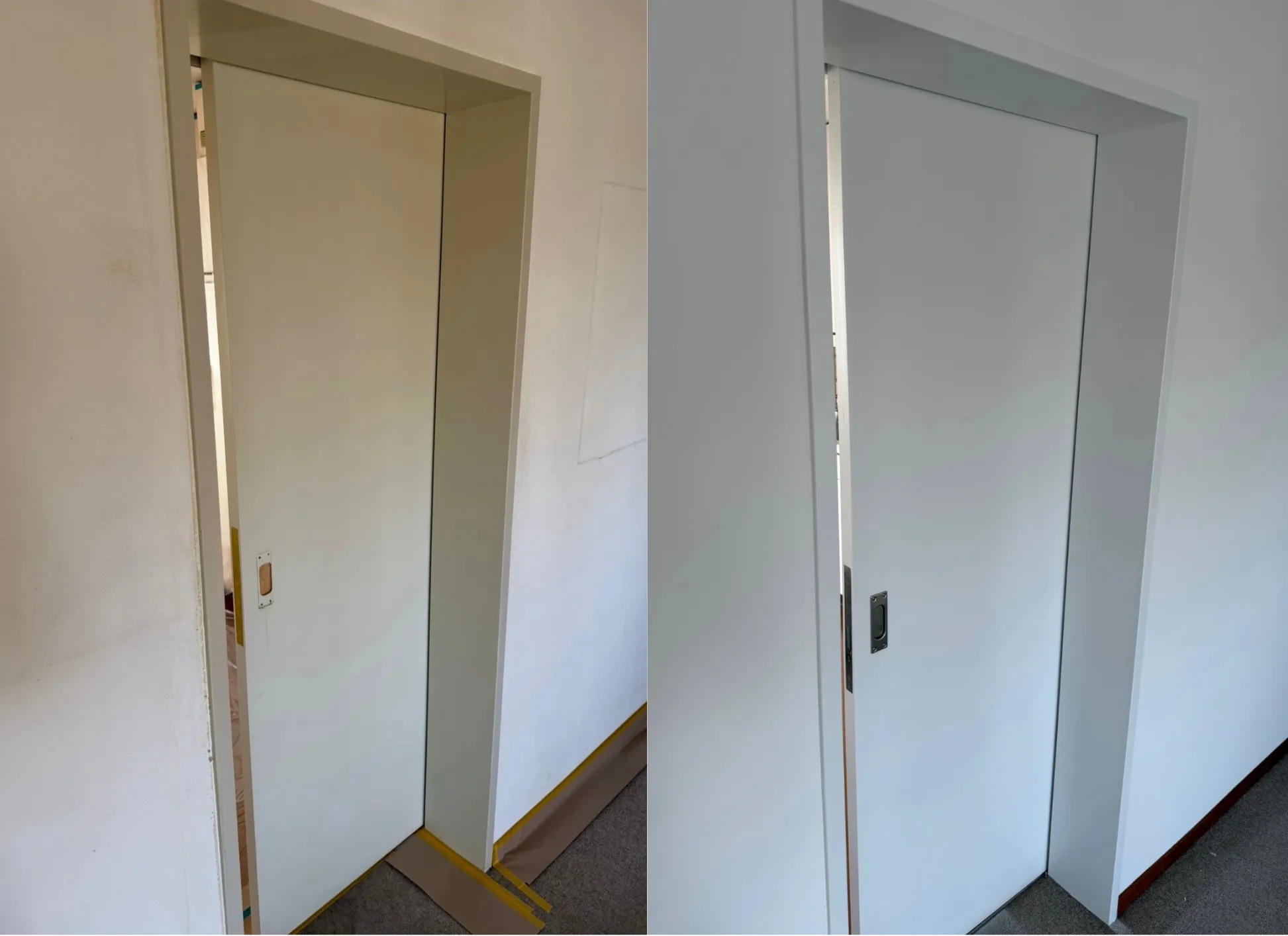 Innentür vor und nach dem Spritzlackieren: links die vergilbte Tür mit abgeklebtem Rahmen, rechts die fertig weiss lackierte Tür.